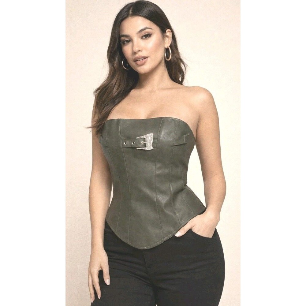 Fashion Nova Faux Leather Corset Top Women’s Size S Olive Green Buckle Detail...